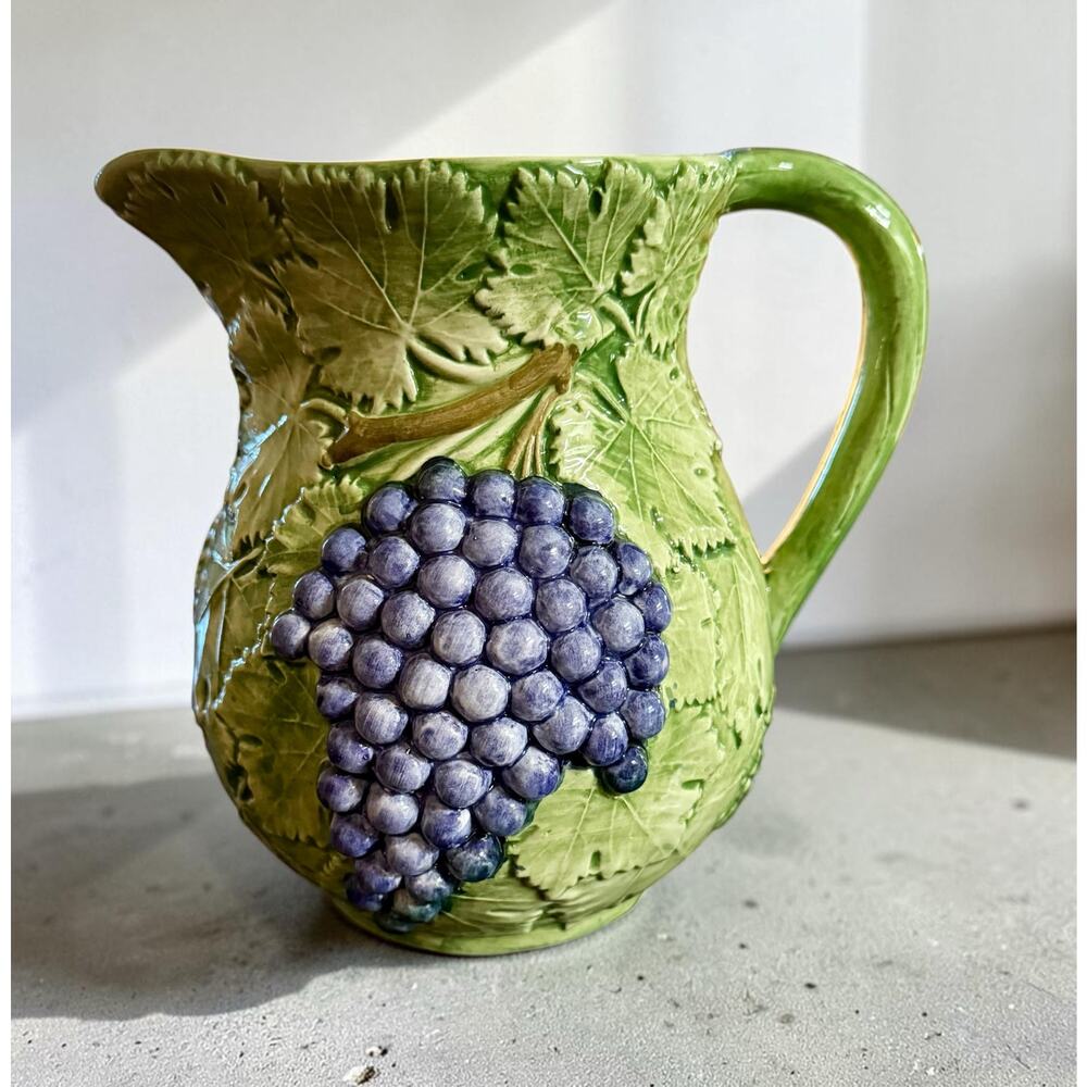 Bassano of Italy Majolica Pitcher – Vintage Hand-Painted Grape Relief 1804
